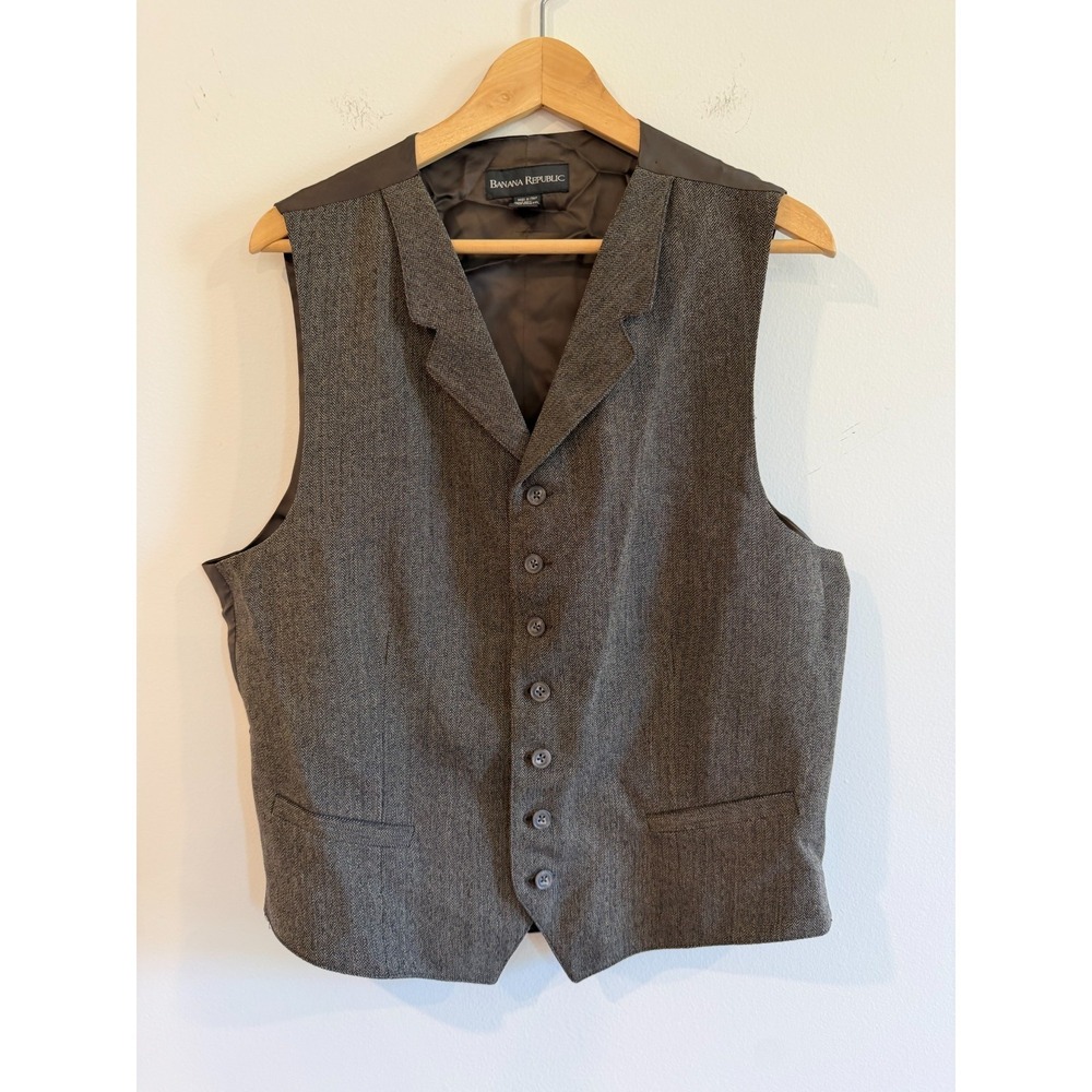 Banana Republic Brown Herringbone Wool Button-Front Vest Mens Large L